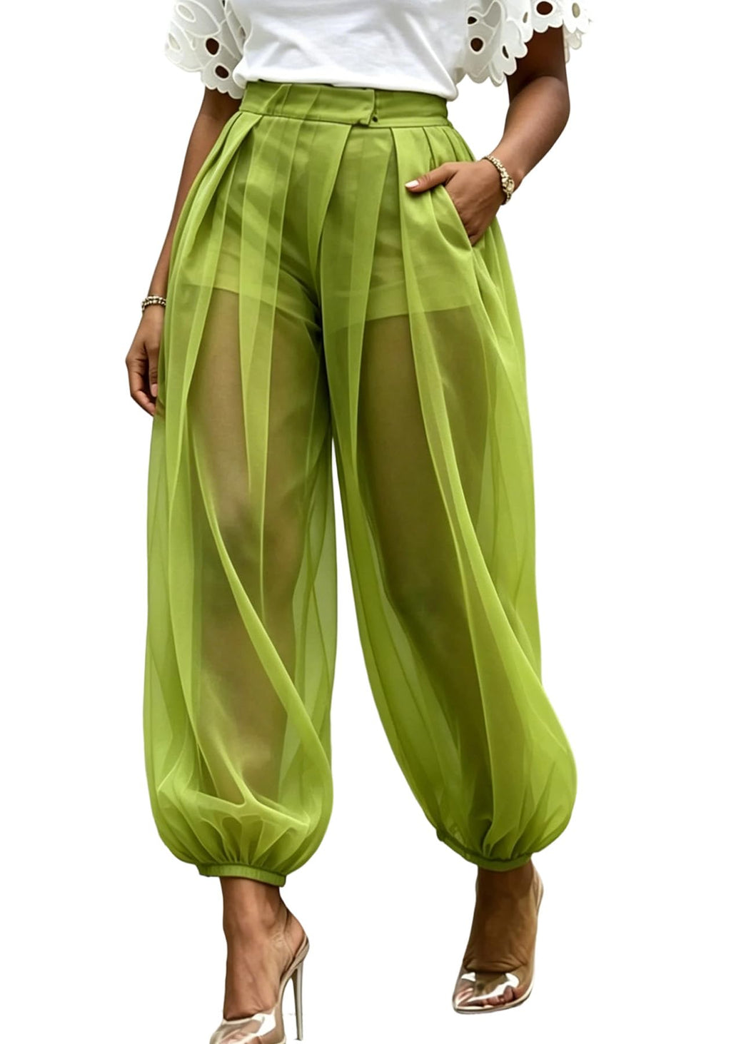 Molisry Women Sheer Mesh Pants Bubble Tulle Patchwork Pants Balloon Trouser | Loose Fit Cover Up Trousers,Built In Shorts Lining
