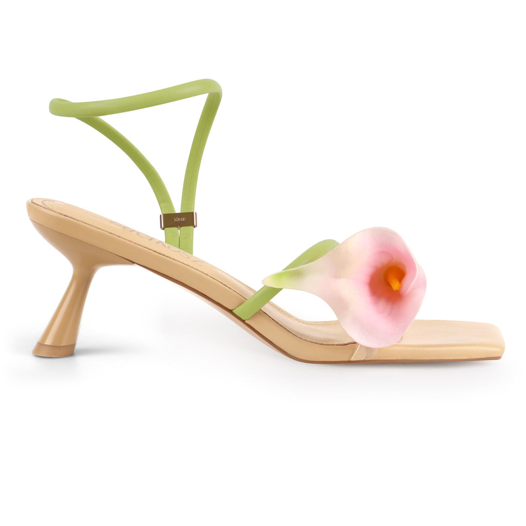 LACIKOSZ Flower Kitten Heel Sandals for Women Calla Lily Green Heels Square Open Toe Floral Strappy Low Heel Sandals Summer Dressy Wedding Shoes