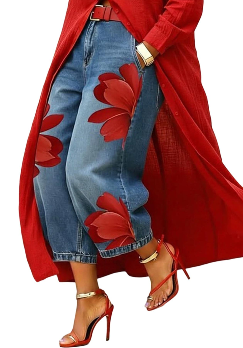 Unybwonn Women Barrel Capri Jeans Floral Wide Leg Cropped Cargo Denim Pants | High Waist,Flower Print,Distressed