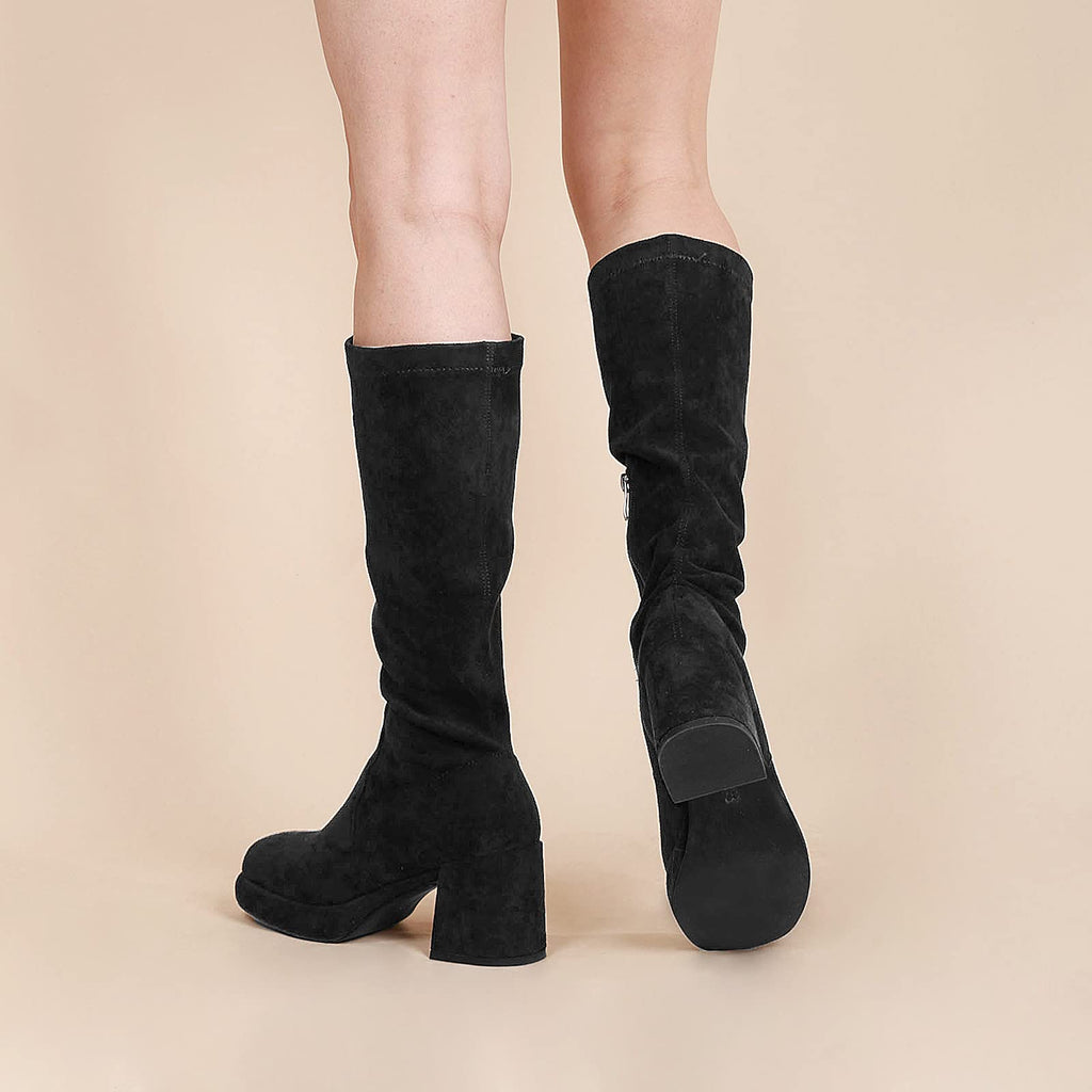 LanreyTaley Elastic Women Knee High Boots Platform Chunky Heel Tall Boots Suede Dress Boots Side Zipper Stretch Boots Fall