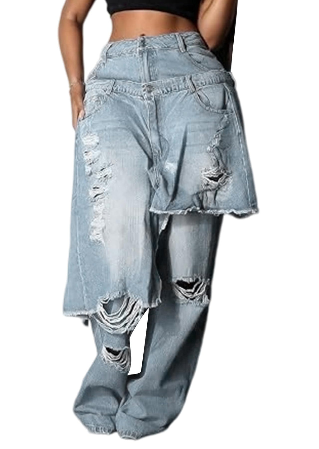 LKOUS Women's Ripped Baggy Jeans High Waist Wide Leg Patchwork Streetwear | Distressed, cutout, Y2K, hip hop, stretchy, soft, pocket, casual, concert, vintage. Machine wash