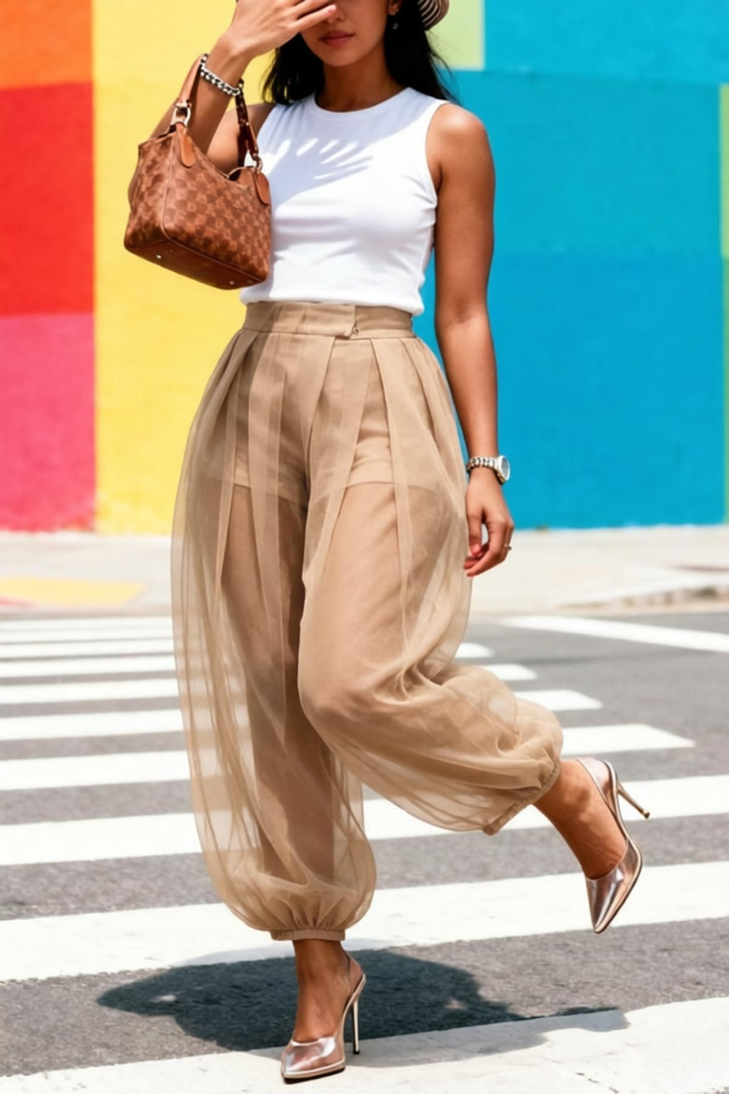 Molisry Women Sheer Mesh Pants Bubble Tulle Patchwork Pants Balloon Trouser | Loose Fit Cover Up Trousers,Built In Shorts Lining