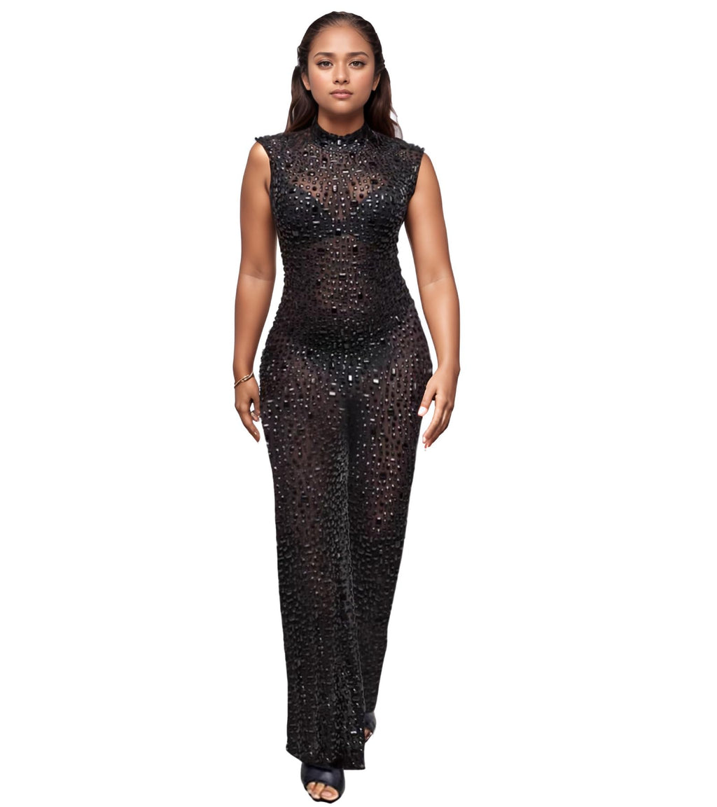 PORRCEY Sexy Rhinestone Jumpsuit for Women Mesh See Through Romper Clubwear