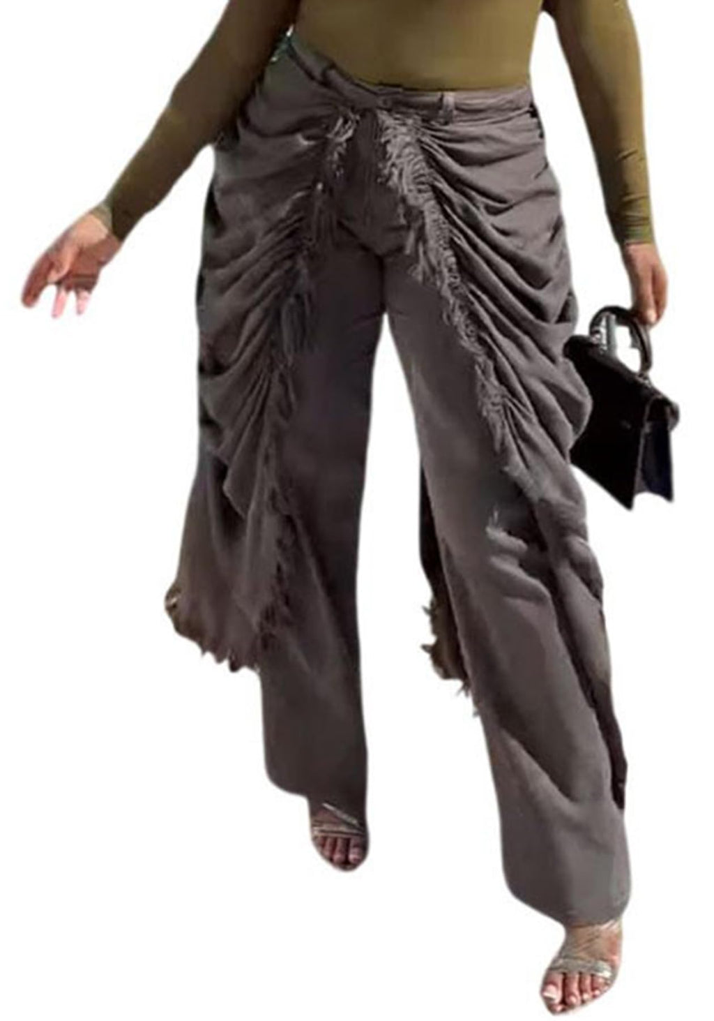 LETSVDO Women's High Waisted Patchwork Jeans Baggy Wide Leg Frayed Fringe Ruched Cargo Harem Hippie Flowy Denim Pants