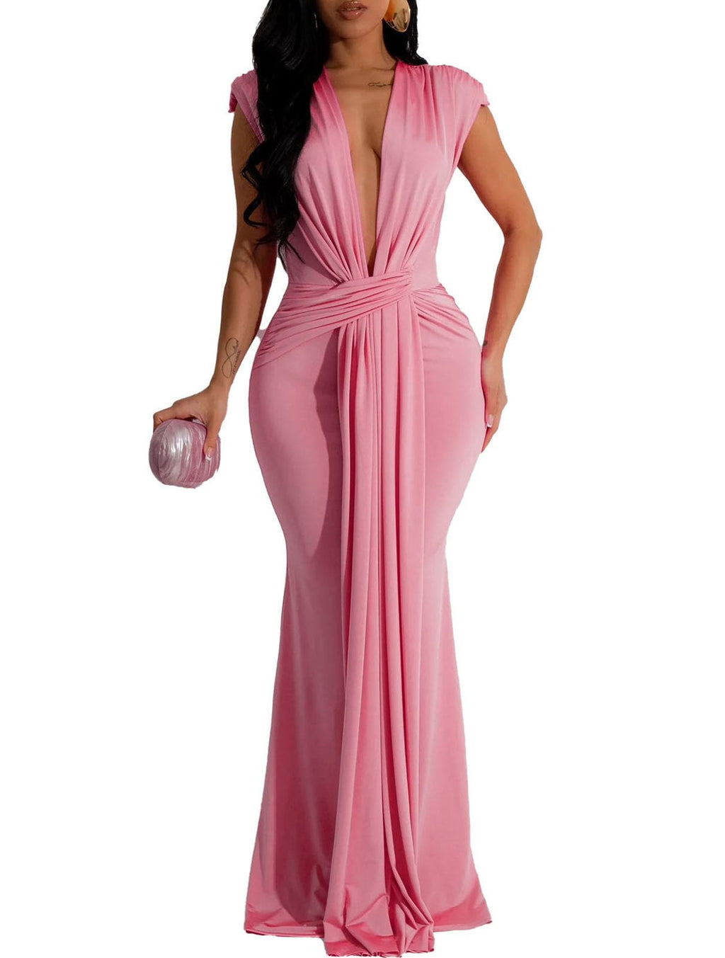 Yuopeid Women's Sexy Sleeveless Deep V Neck Fashion Ruched Bodycon Floor Length Formal Evening Party Maxi Long Dress