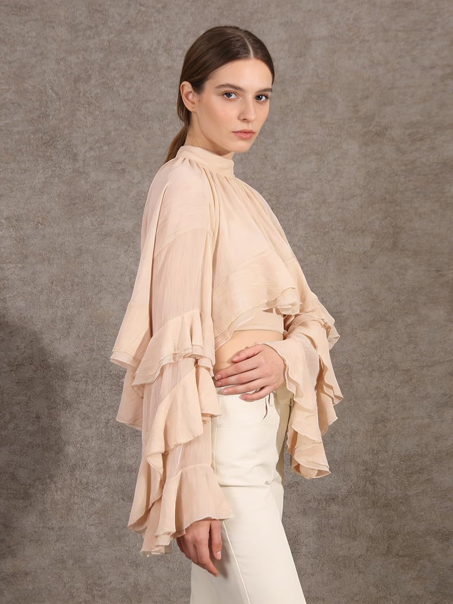 Women's White Sheer Chiffon Crop Top High Neck Layered Ruffle Flare Sleeve Blouse Elegant Casual Party Tops