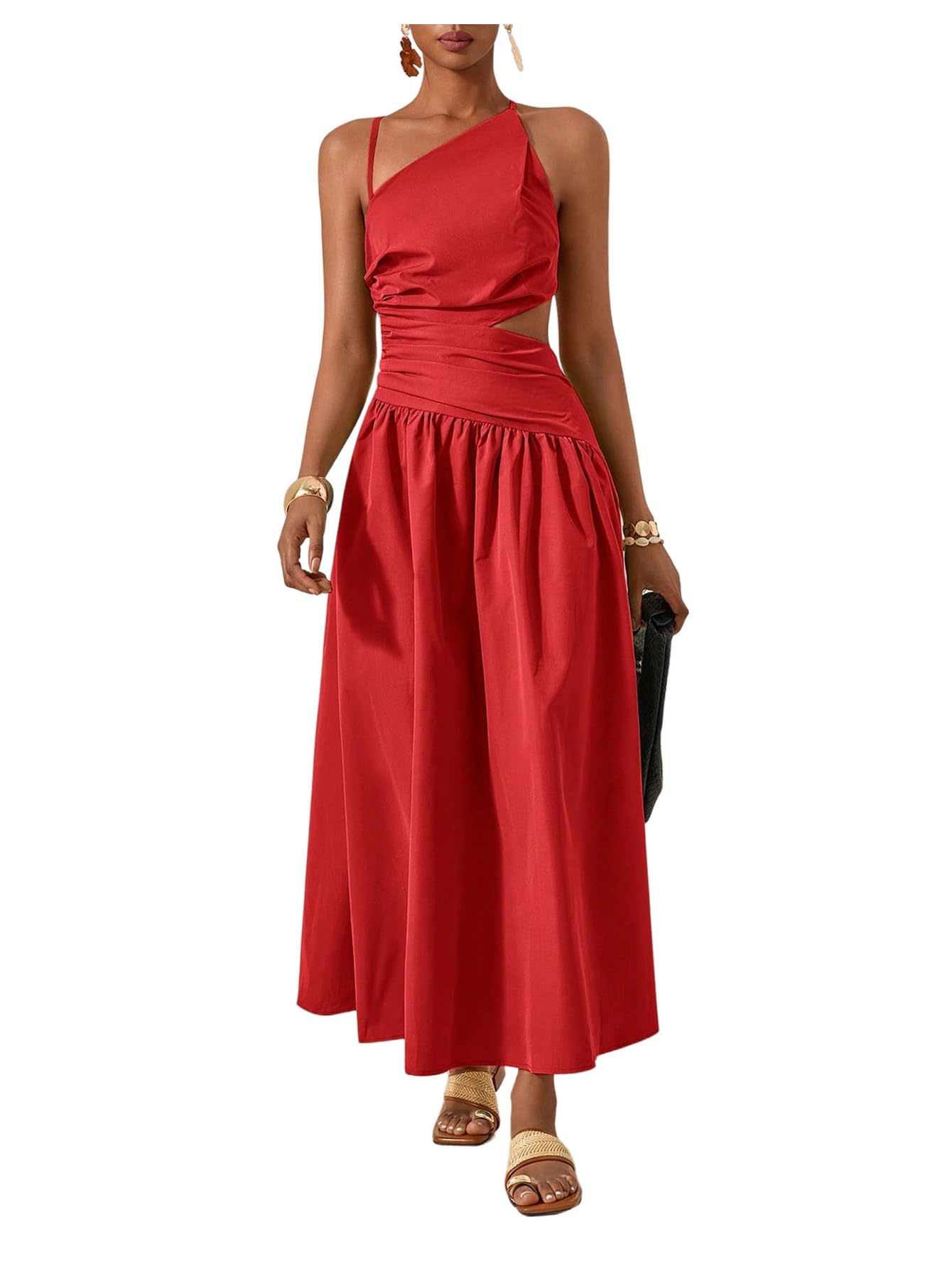 Milumia Women's Cut Out Asymmetrical Maxi Dress Open Back Summer Dresses | Spaghetti Strap, Tie Backless, Ruffle, Summer Vacation, Going Out, Sundress