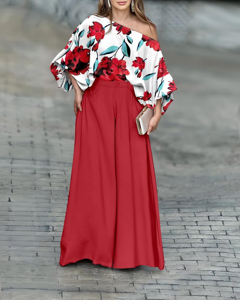 CHICME Women 2 Piece Summer Outfit Off Shoulder Flowy Wide Leg Pants Set | Off Shoulder, Lantern Sleeve Matching Set, 2 Piece Sets for Women Dressy, Vacation Travel Airport Outfits