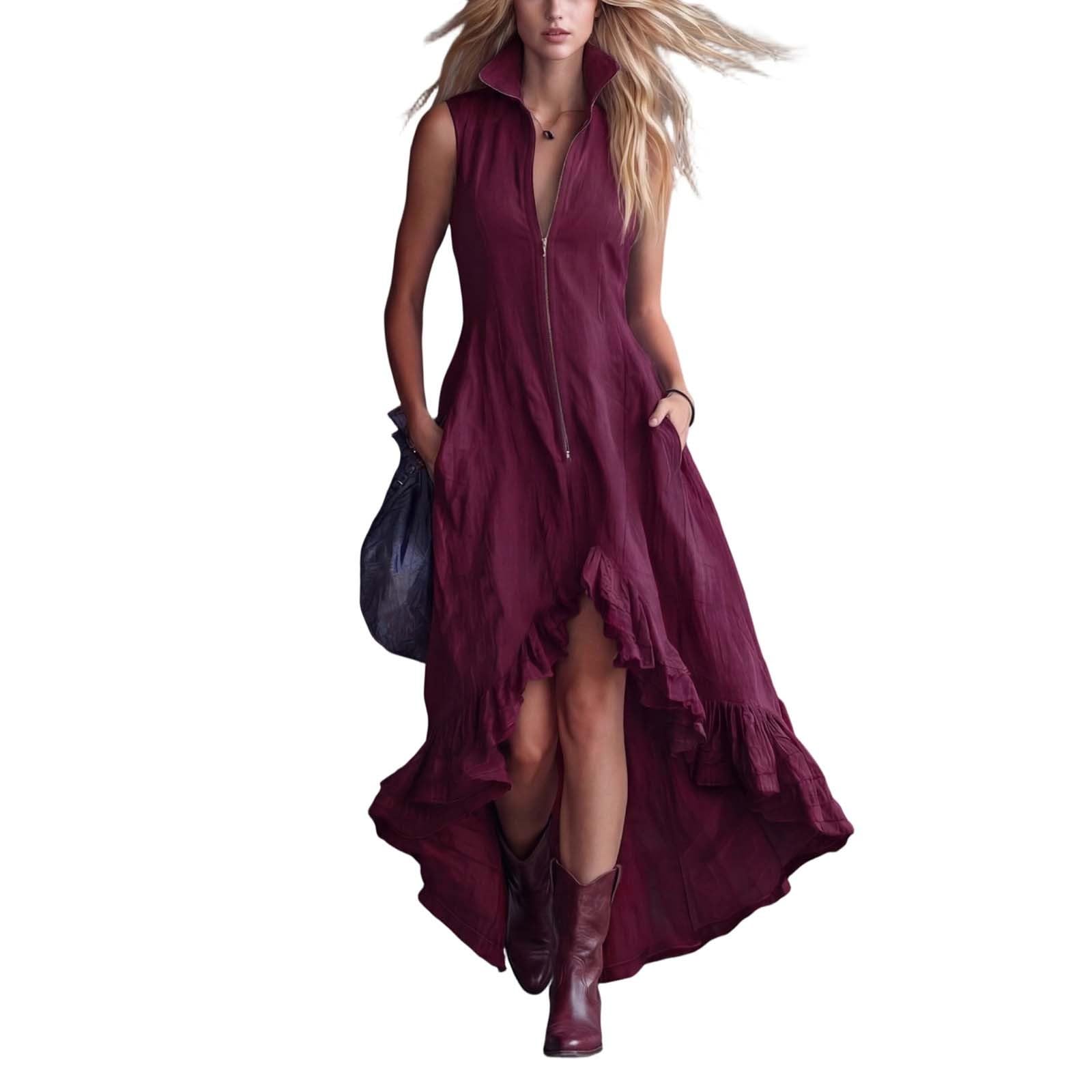 YMADREIG Boho Dresses for Women 2026 Cotton Linen Western Maxi Dress Summer Sleeveless High Low Ruffle Hem Dress with Pocket
