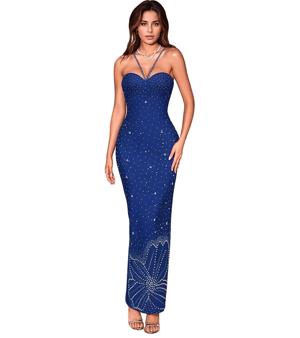 PORRCEY Women's Sexy Rhinestone Mesh See Through Party Night Prom Dress