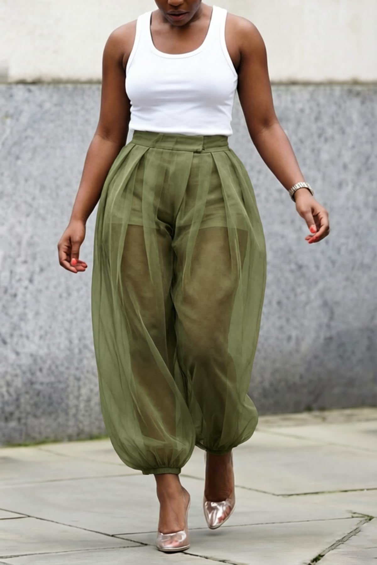 Molisry Women Sheer Mesh Pants Bubble Tulle Patchwork Pants Balloon Trouser | Loose Fit Cover Up Trousers,Built In Shorts Lining