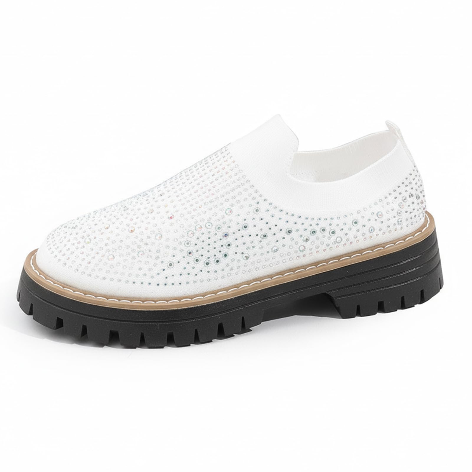 Women's Knit Rhinestone Platform Sock Sneakers Breathable Mesh Round Toe Slip On Lug Sole Loafers Lightweight Walking Sport Casual Shoes