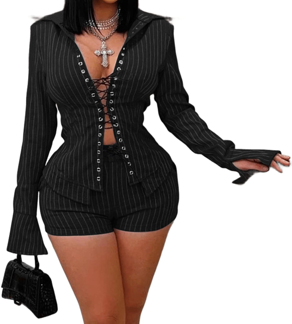 Club Outfits for Women 2 Piece Sets Sexy Stripe Strap Large Lapel Mini Shorts Sets Sexy Club Outfits for Women 2026