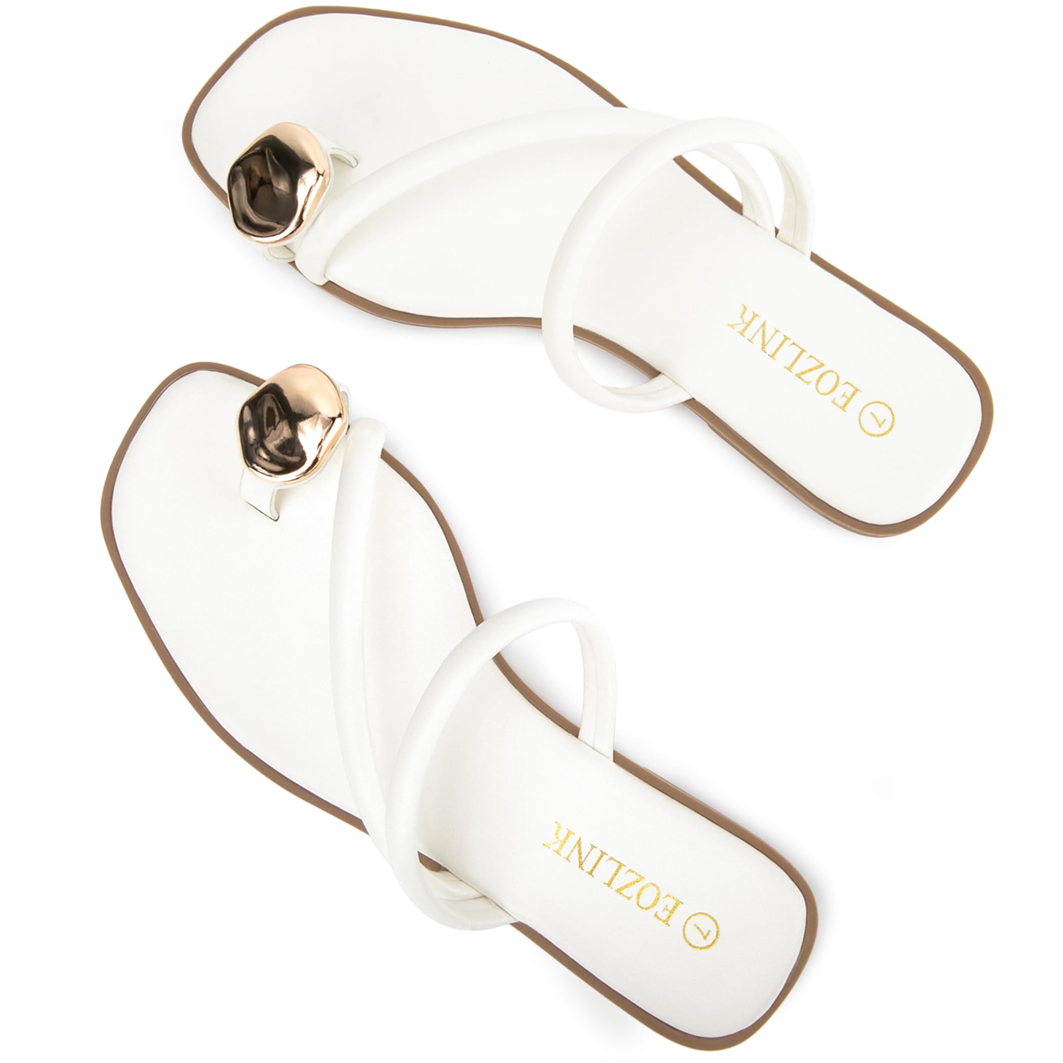Eozlink Women's Toe Ring Flat Sandals, Slip On Dressy Summer Slides | PU Upper with Square Toe and Metal Accent for Resort and Casual Outfits