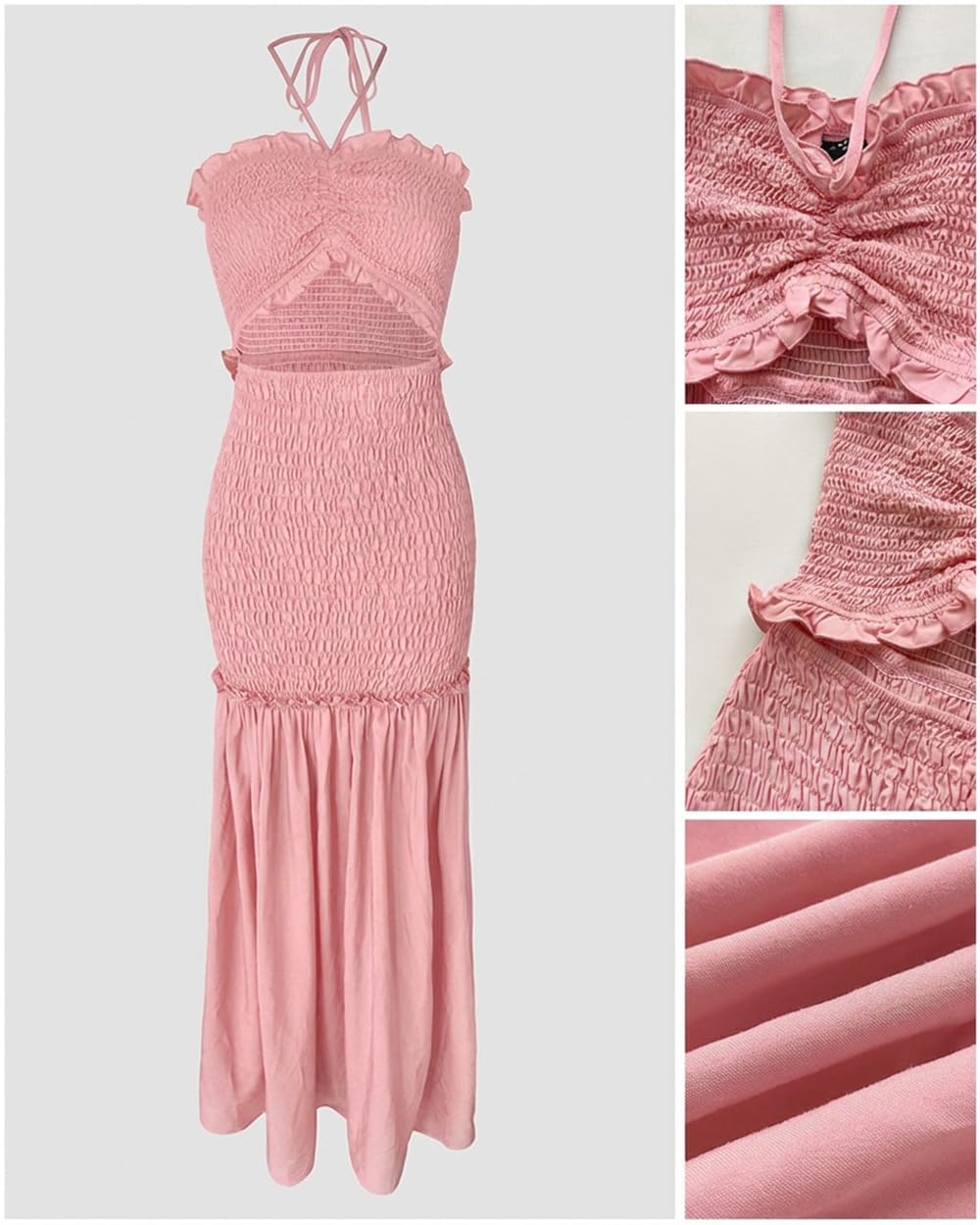 CHICME Floral Vacation Dress Halter Tie Ruched Womens Maxi Dress | Sleeveless Slim Dress, 3-Way Tie: Halter, Bow or Strapless,Ruffle Mermaid Hem for Party,Vacation,Wedding Guest