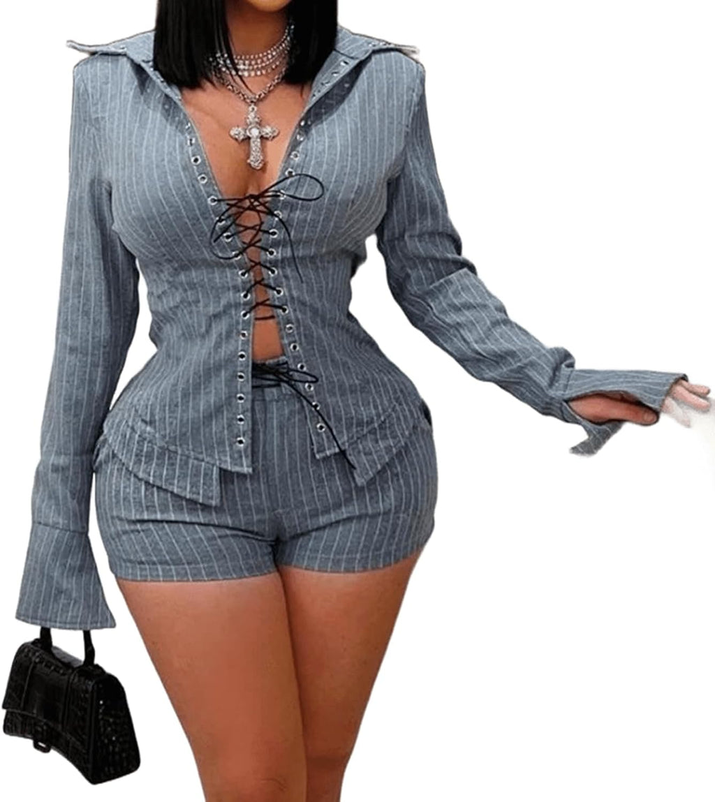 Club Outfits for Women 2 Piece Sets Sexy Stripe Strap Large Lapel Mini Shorts Sets Sexy Club Outfits for Women 2026