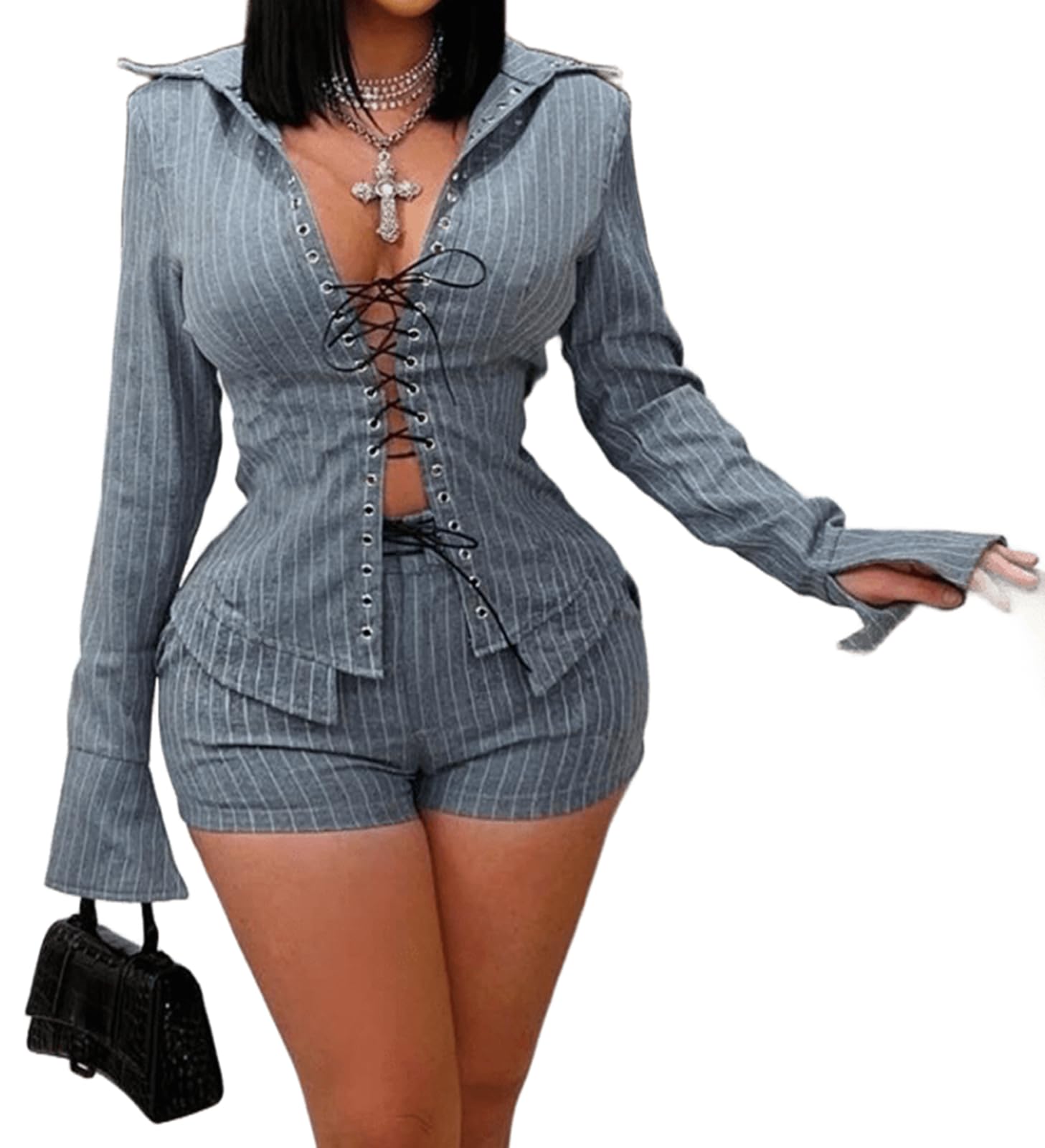 Club Outfits for Women 2 Piece Sets Sexy Stripe Strap Large Lapel Mini Shorts Sets Sexy Club Outfits for Women 2026