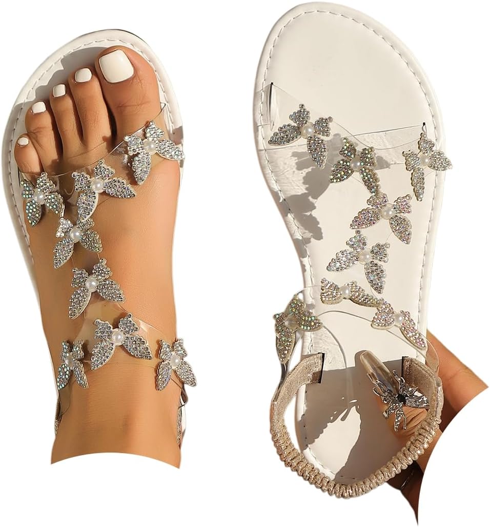 Women's Butterfly Rhinestone Flat Sandals Glitter Sparkly Bling Strappy Open Toe Elegant Transparent Elastic Strap Gladiator Sandals for Dressy Summer Wedding Bridal Prom Travel Daily Wear