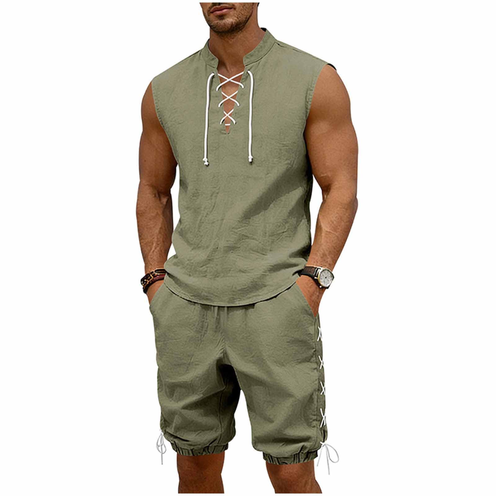 Cambkatl 2 Piece Outfits for Men Lightweight Linen Shorts Set Laceup V Neck Sleeveless Tank Top Matching Sets with Pockets