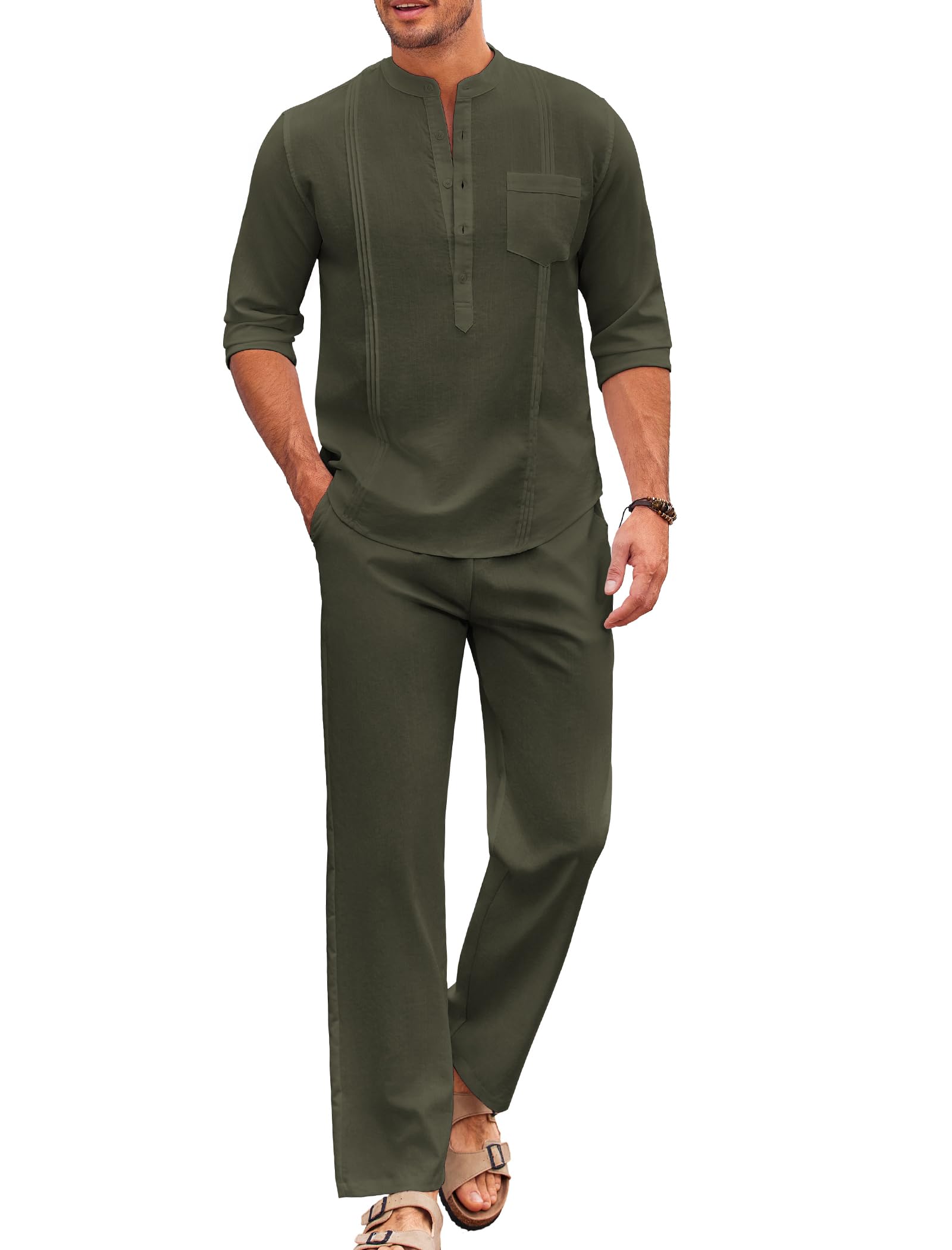 COOFANDY Men's 2 Piece Cotton Sets Casual Long Sleeve Cuban Henley Shirt and Loose Pants Set Beach Vacation Outfits