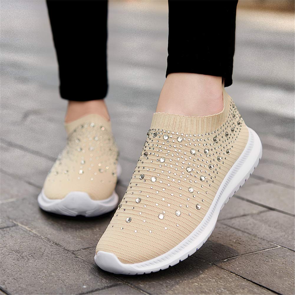GOSPT Women's Mesh Sport Shoes Rhinestone Glitter Slip On Ballroom Jazz Latin Dance Sock Sneakers