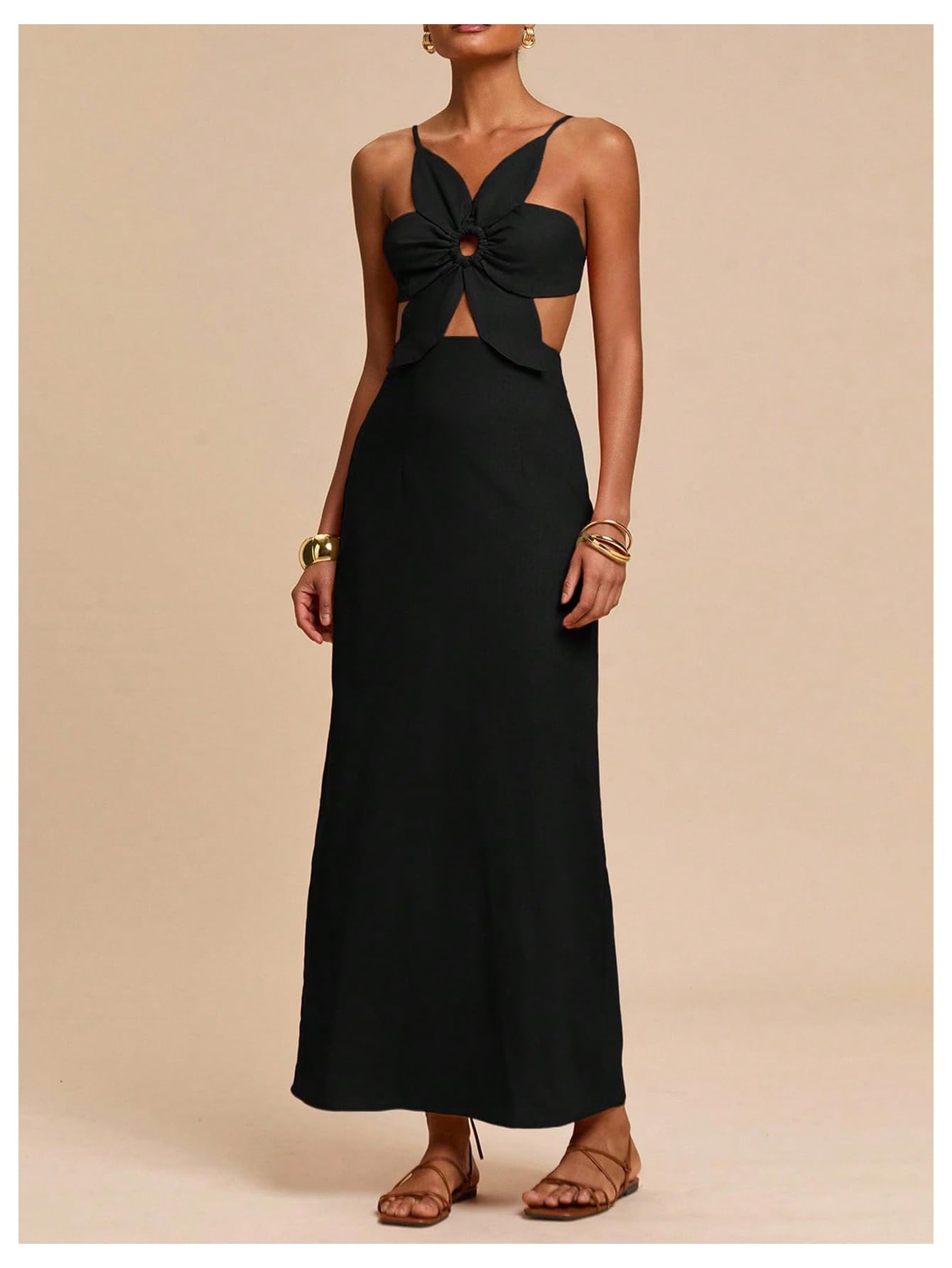 SHENHE Women's Petal Backless Linen Maxi Dress Cut Out Vacation Dresses | Keyhole, Spaghetti Strap, Open Back, Long Dress, Zipper, Summer, Date Night, Cami Dresses