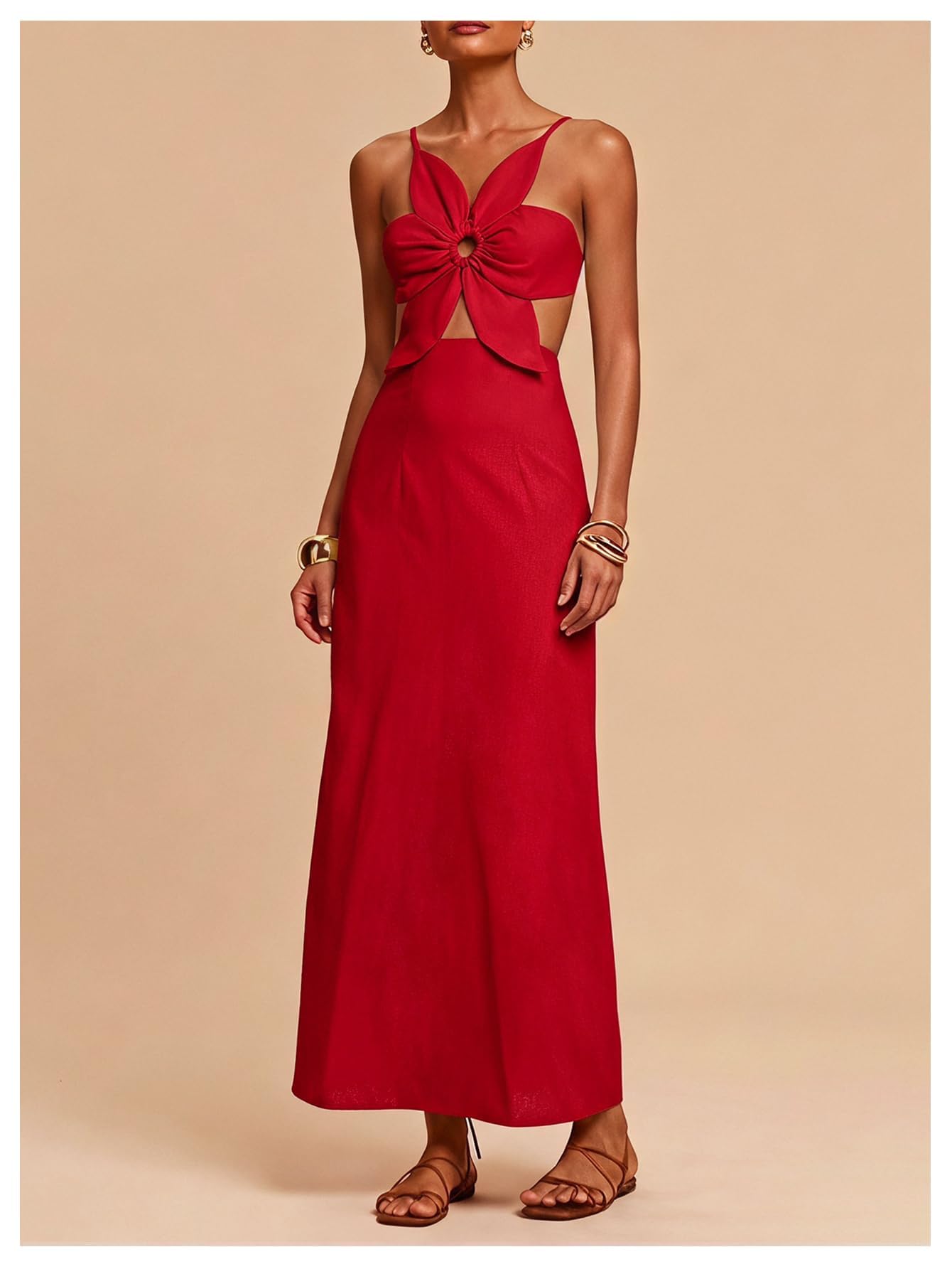 SHENHE Women's Petal Backless Linen Maxi Dress Cut Out Vacation Dresses | Keyhole, Spaghetti Strap, Open Back, Long Dress, Zipper, Summer, Date Night, Cami Dresses