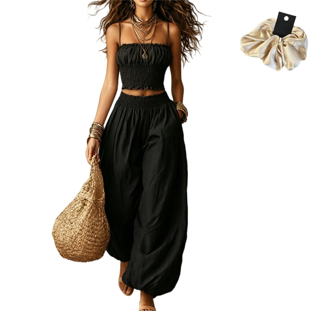 2 Piece Outfit for Women Sleeveless Crop Top and Wide Leg Pants Set Summer Loose Smocked Casual Beach Matching Sets