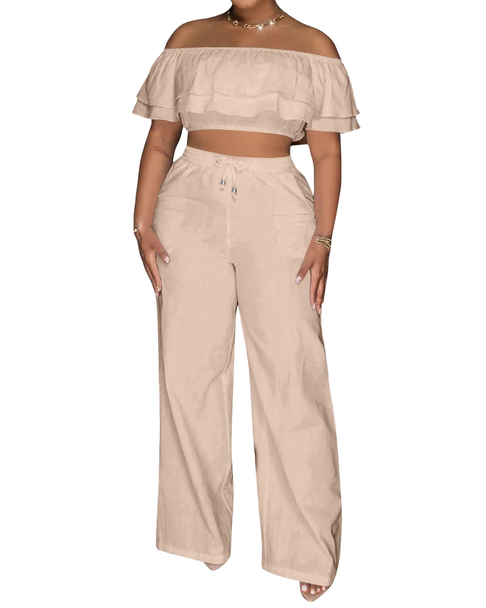 Adogirl 2 Piece Outfits for Women Ruffle Trim Crop Top Wide Leg Pants Set | 2 Piece Sets, Outfit for Women, Off Shoulder, Short Sleeve, Wide Leg Pants with Pockets, Sexy Outfits, Vacation Outfits