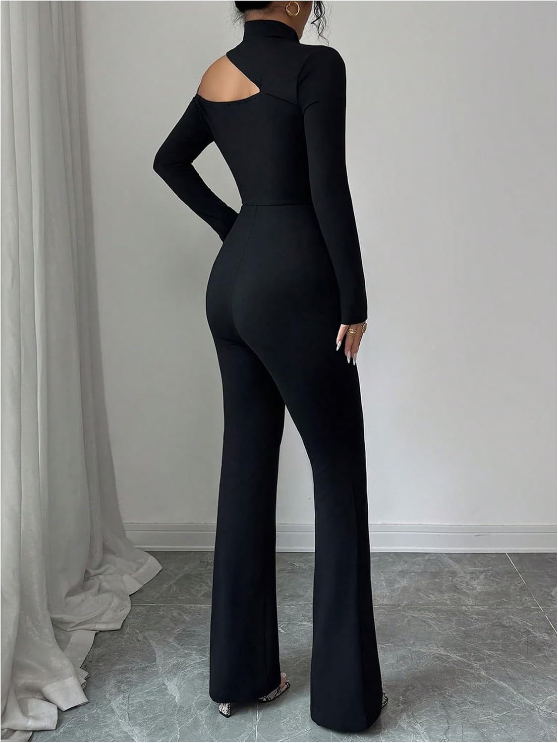 SweatyRocks Women's High Neck Long Sleeve Jumpsuit Elegant Cut Out Fitted Jumpsuit Office Outfits