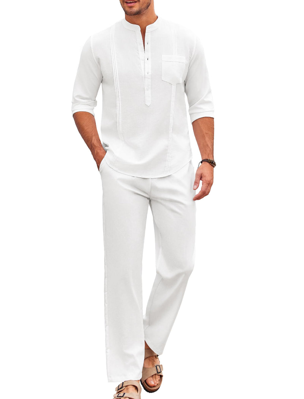 COOFANDY Men's 2 Piece Cotton Sets Casual Long Sleeve Cuban Henley Shirt and Loose Pants Set Beach Vacation Outfits