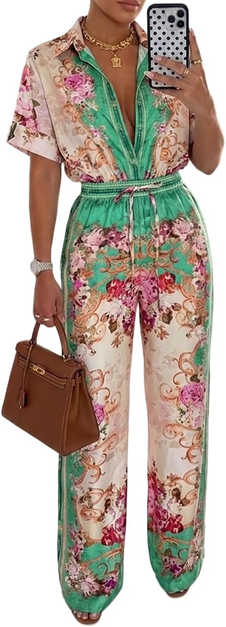 CHICME Womens Jumpsuit Boho Floral Wide Leg Vacation Outfit | Long Pant Rompers with Pockets,Roll Up Short Sleeve,Button Front,Drawstring High Waist,One Piece,Casual,Summer Beach