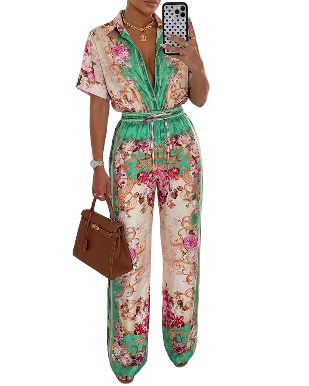 CHICME Womens Jumpsuit Boho Floral Wide Leg Vacation Outfit | Long Pant Rompers with Pockets,Roll Up Short Sleeve,Button Front,Drawstring High Waist,One Piece,Casual,Summer Beach
