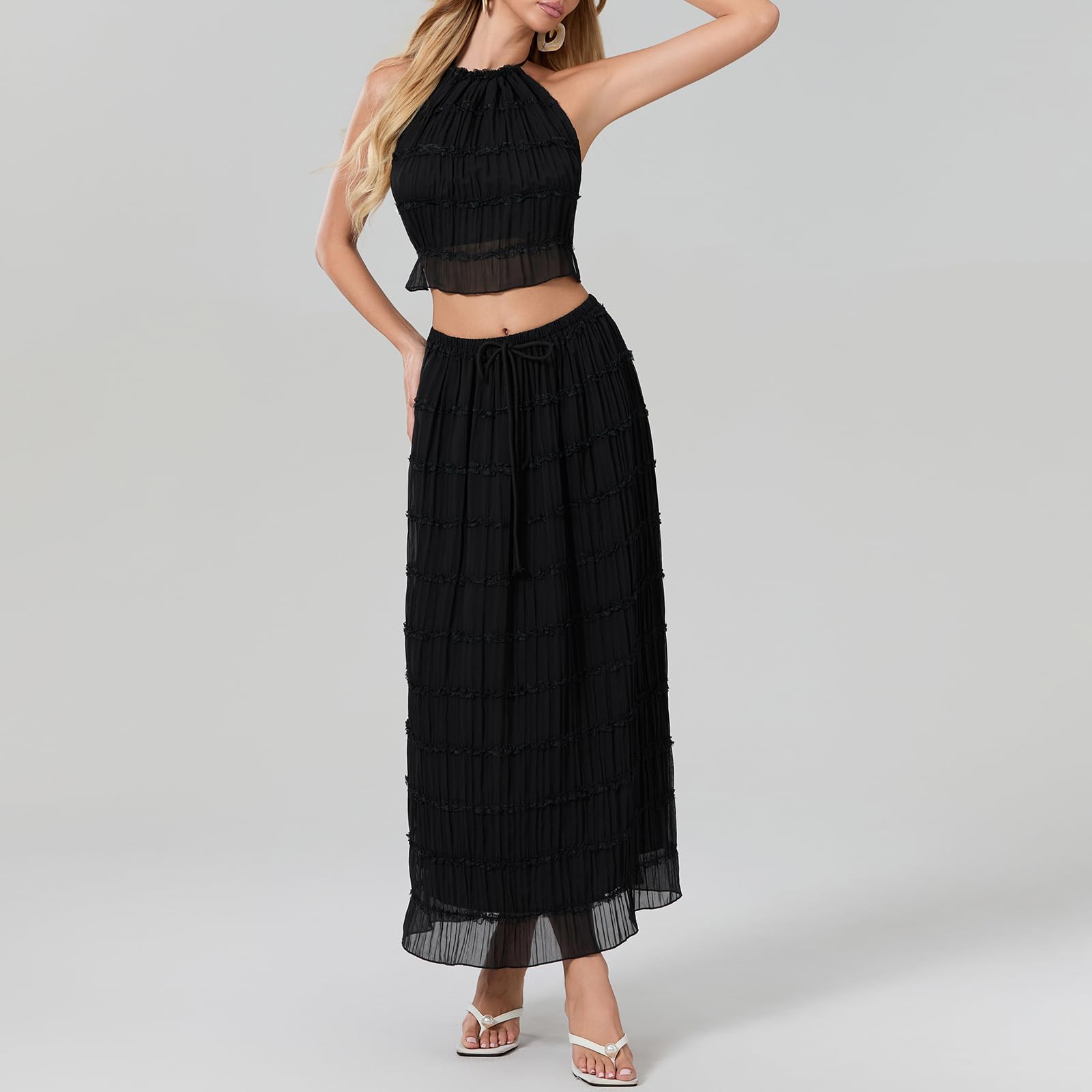 Women Y2K Skirt Set Outfits Strapless Crop Top Bodycon Midi Skirt Dress Sexy 2 Piece Knit Outfits Skirt Summer