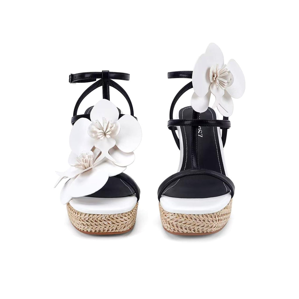 LACIKOS Flowers Wedge Sandals For Women Strappy Raffia Platform Heels | Comfortable Open Toe Espadrilles Casual Ankle Wrap Beach Vacation Wedding
