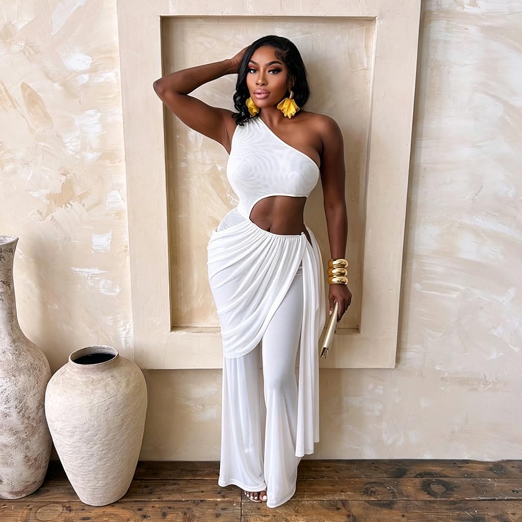 Sexy Jumpsuits for Women Cutout Sheer Mesh One Shoulder Draped Ruched Wrap One Piece Club Outfits for Women