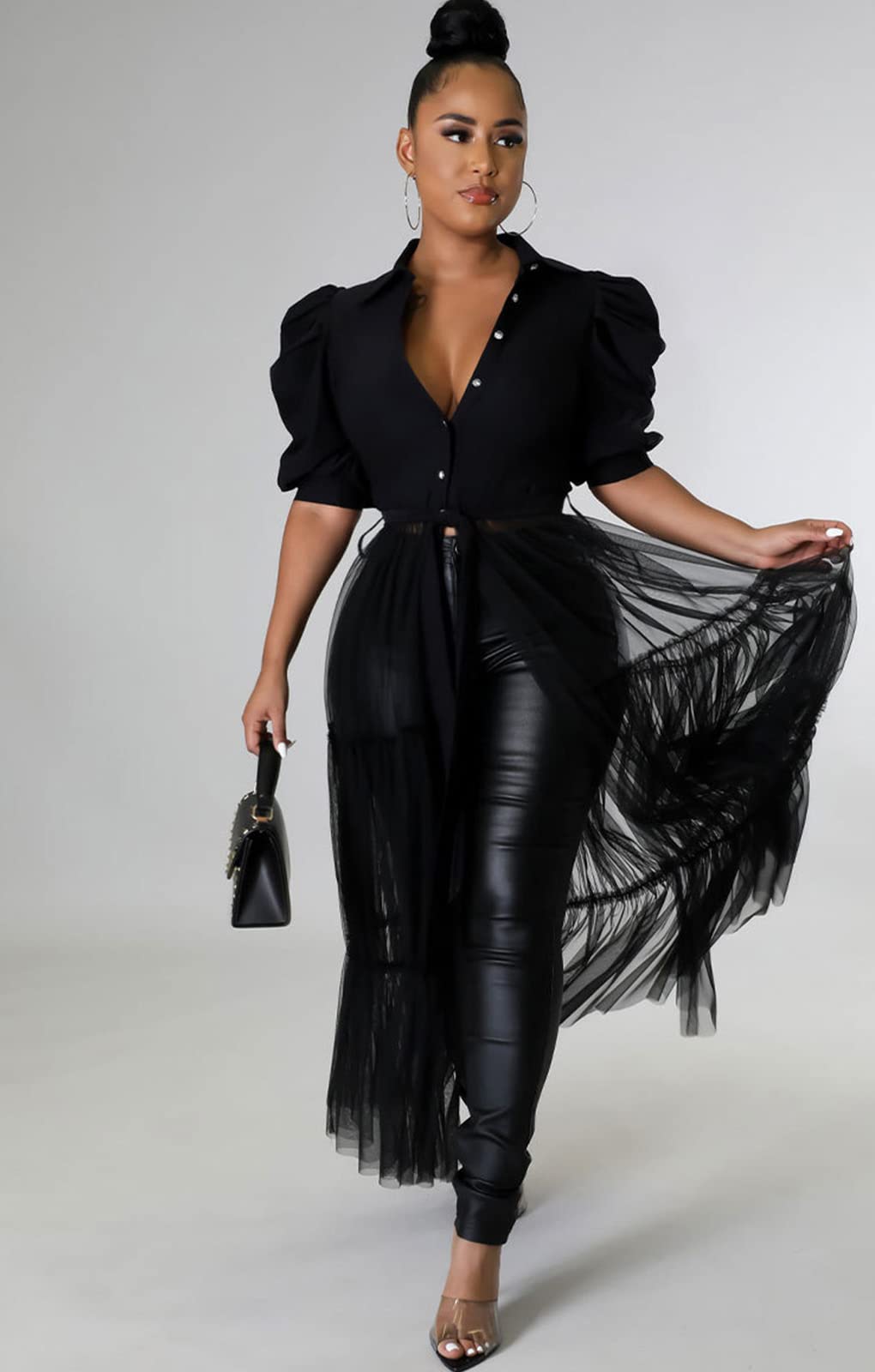 Ekaliy Women's Ruffle Blouse Shirt Asymmetrical Tunic Dress with Belt | Short sleeve,Bodycon,Ruffle,Club ,Party outfits,Asymmetrical Irregular Hem,Tops Blouse Shirt Dress