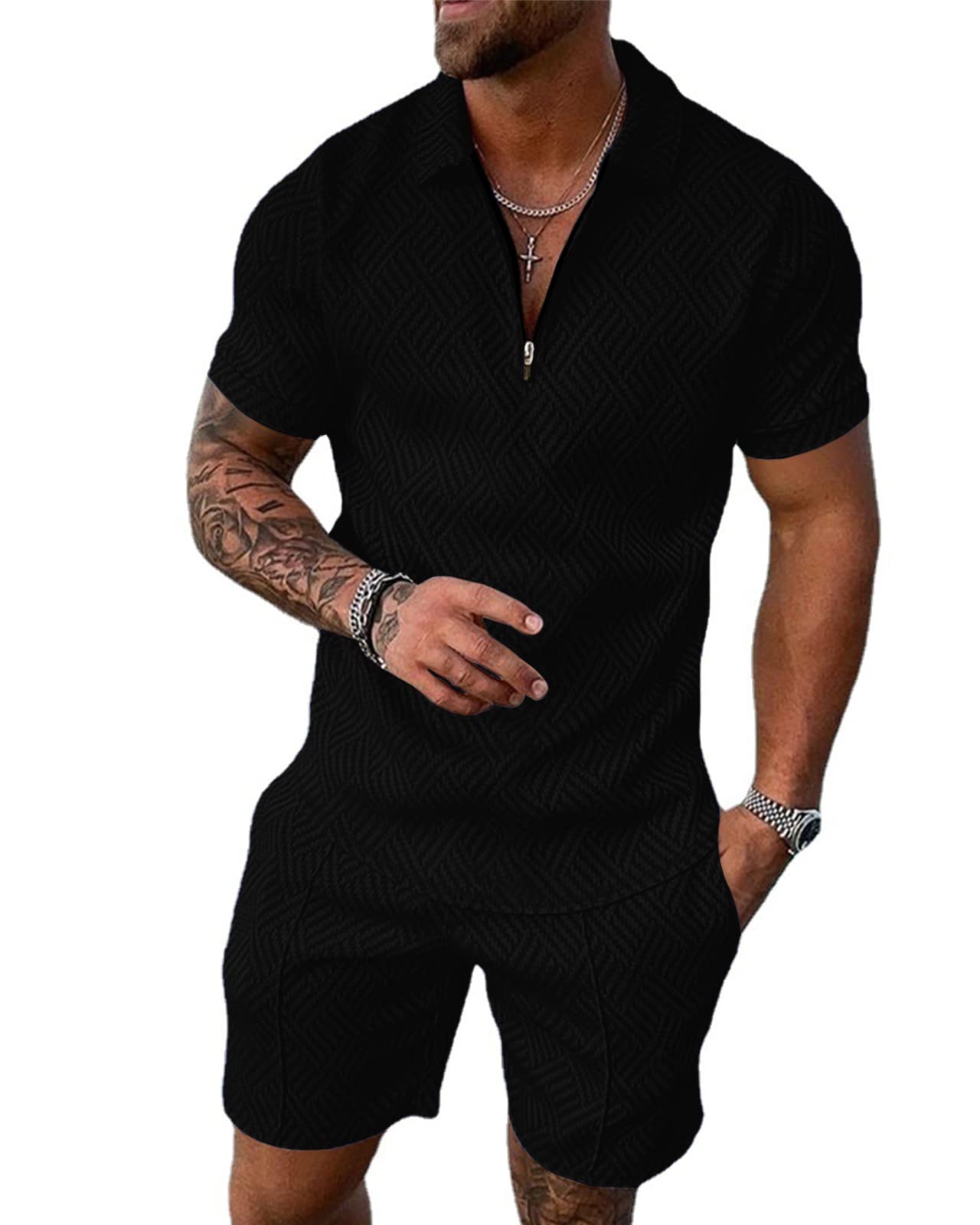 Aulemen Mens 2 Piece Zip Tracksuit Short Sleeve Set Summer Outfits for Men | Polo Shirt and Shorts Sets Activewear Short Set