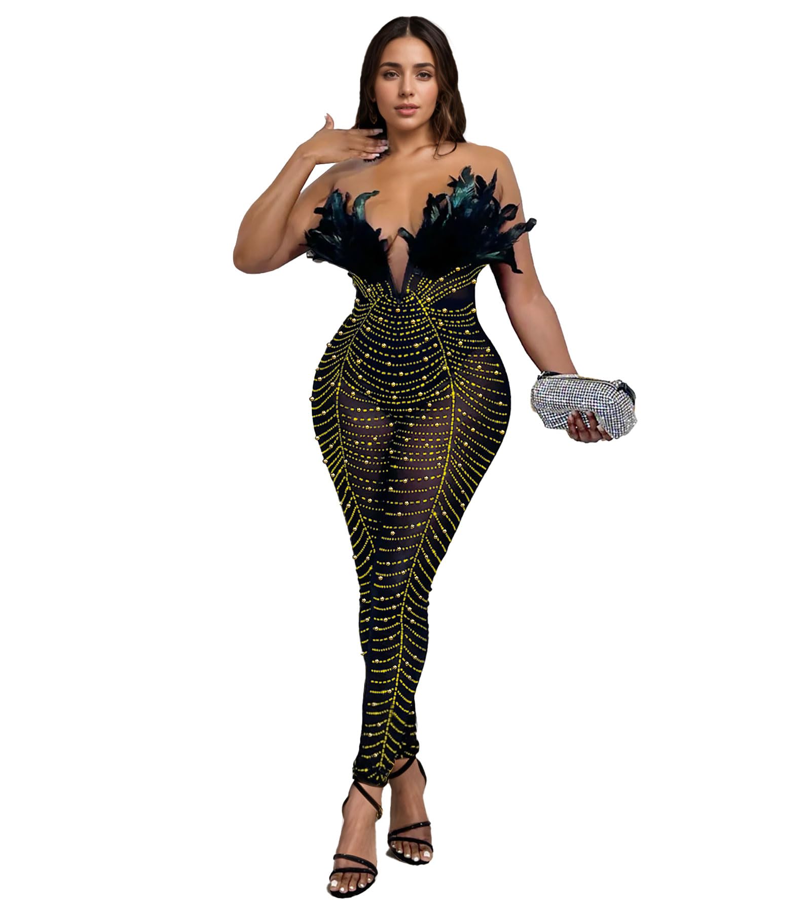 PORRCEY Sexy Rhinestone Jumpsuit for Women Mesh See Through Romper Clubwear