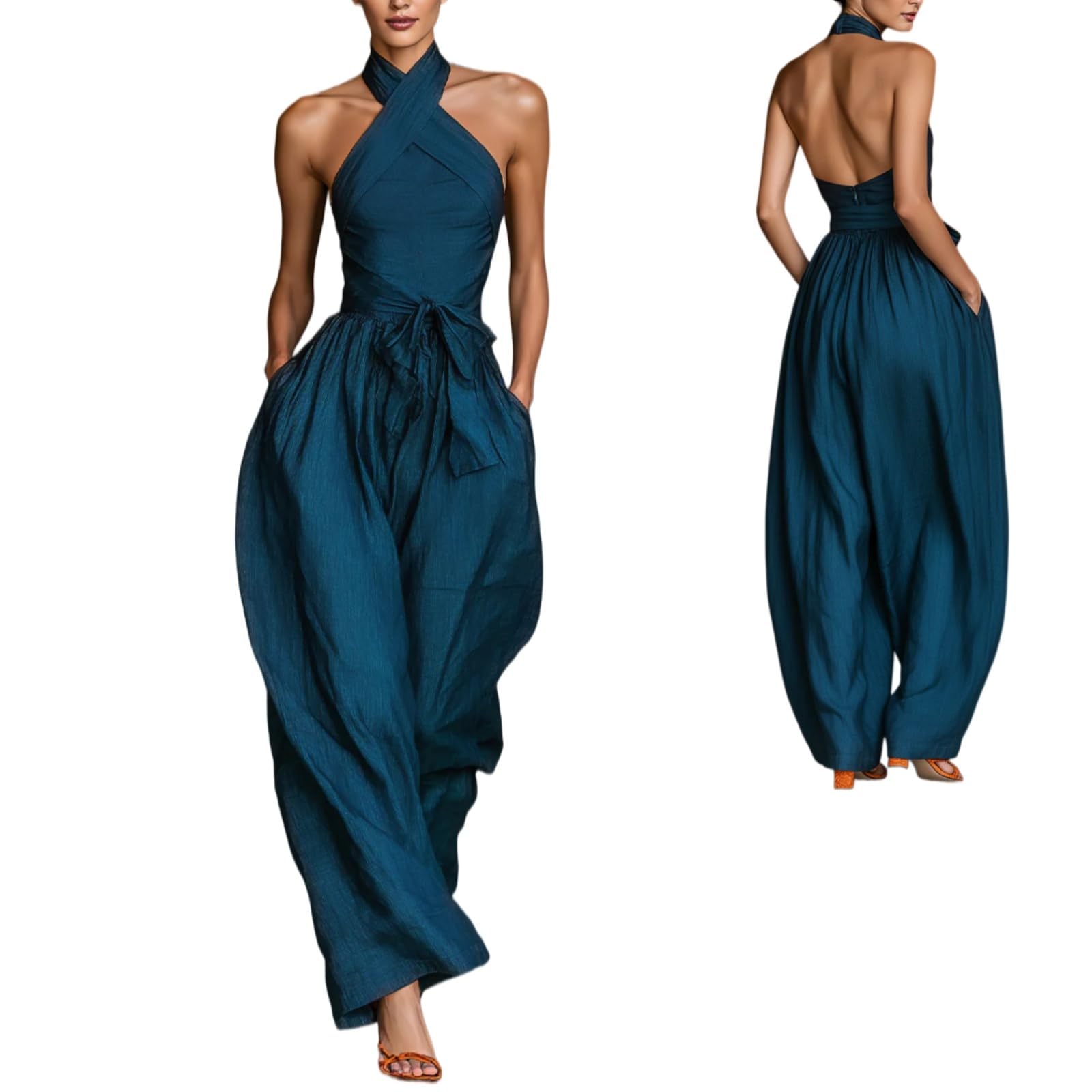 Backless Rompers for Women Casual Ink Printed Sleeveless High Waist Wide Leg Jumpsuit Sexy Halter Boho Vacation Party Outfits