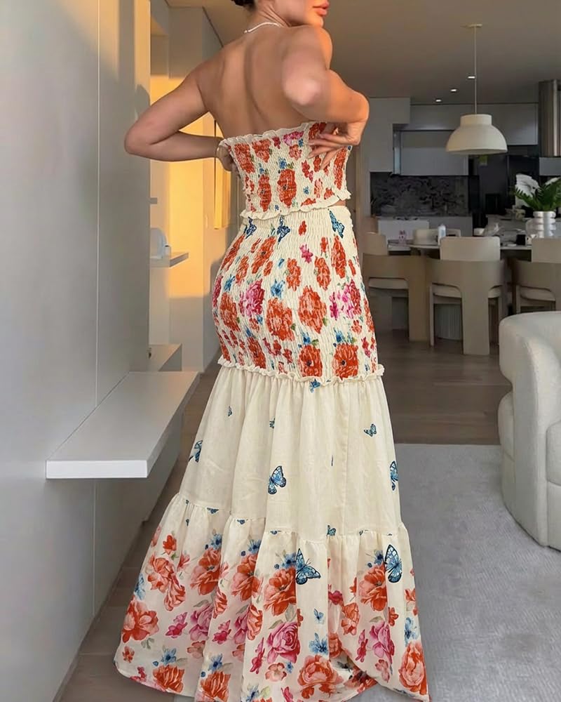 CHICME Floral Vacation Dress Halter Tie Ruched Womens Maxi Dress | Sleeveless Slim Dress, 3-Way Tie: Halter, Bow or Strapless,Ruffle Mermaid Hem for Party,Vacation,Wedding Guest