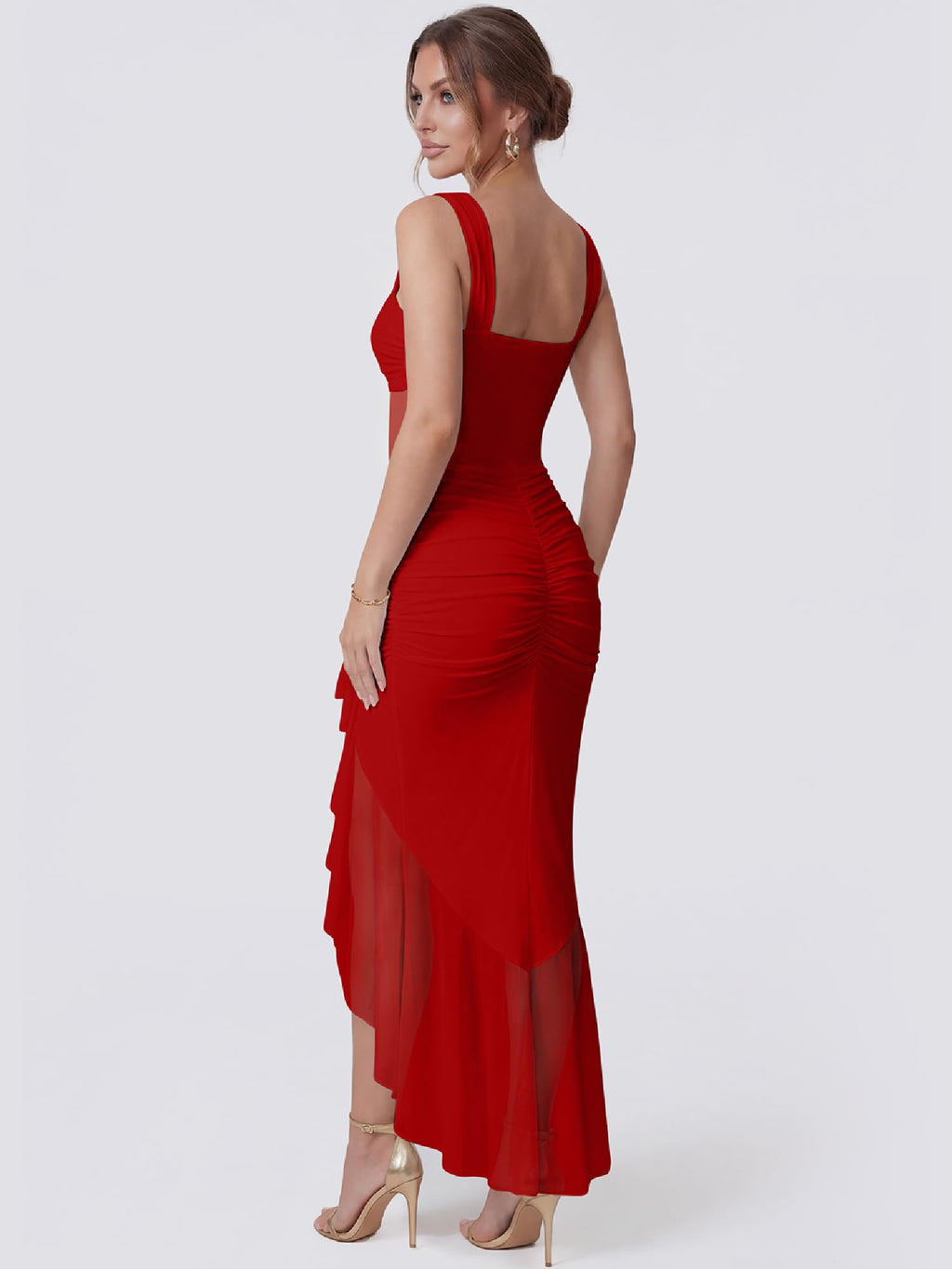 DAAWENXI Women's Sexy Mesh Sheer Ruched Ruffle Club Party Midi Dress | Square Neck,Date Night,Bodycon,See Through,Going Out,Sleeveless,Slim,Cocktail,Tank Dress,Women's Club Night Out Dress