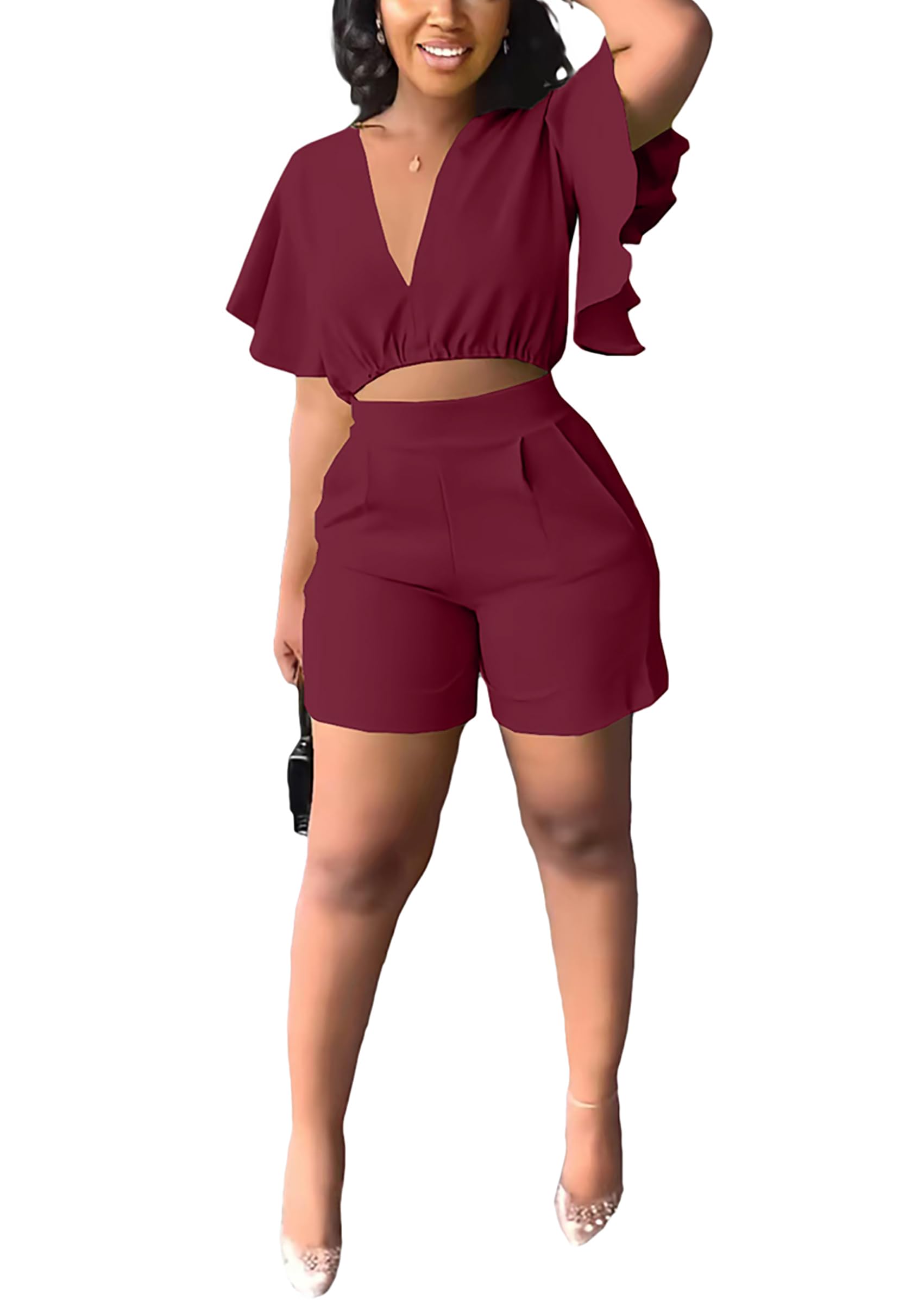 Womens Summer Two Piece Shorts Outfit Sexy Crop Top Butterfly Sleeve 2 pc Short Set Vacation Brunch Matching Set