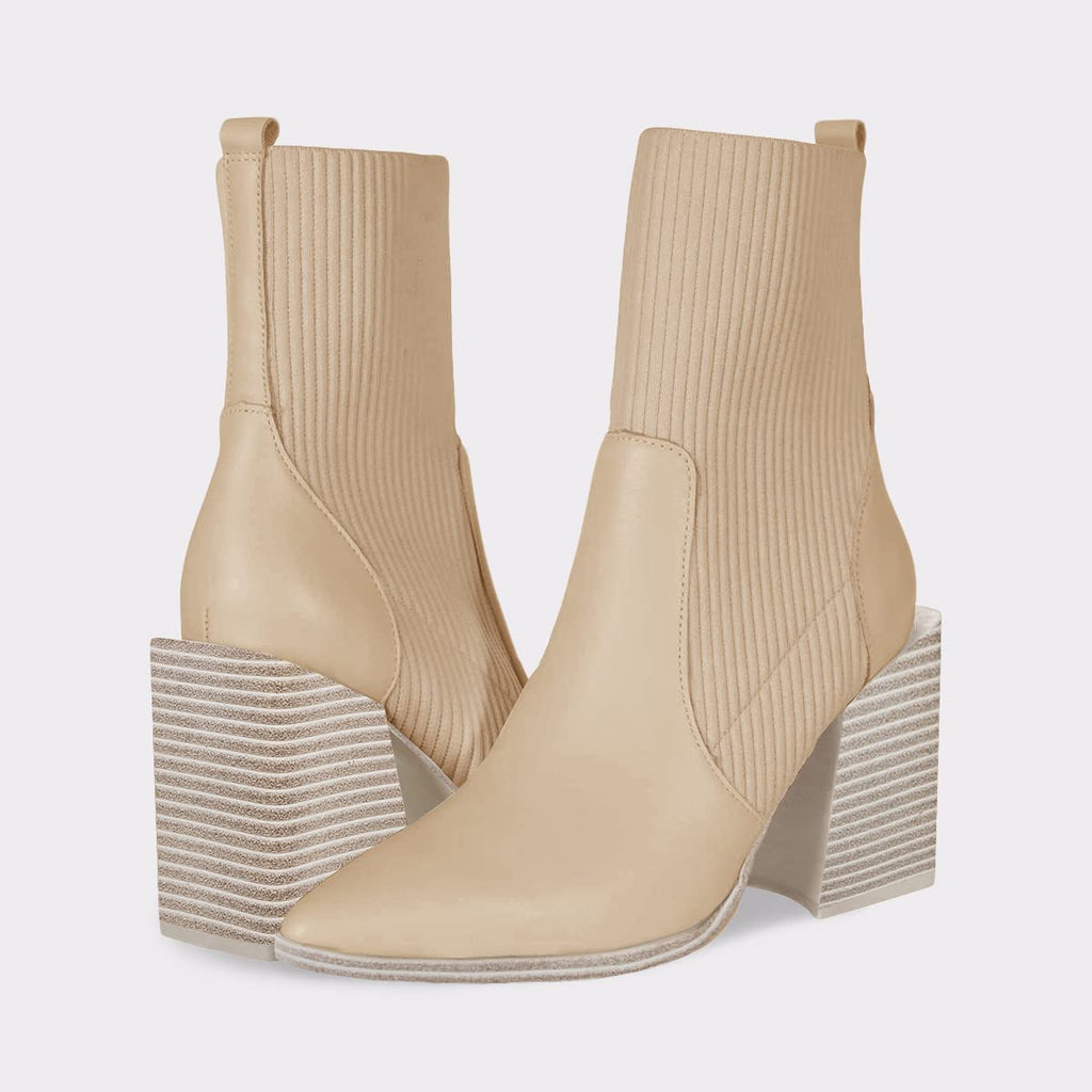 Womens Chunky Stacked Heel Ankle Boots Pointed Toe Booties Slip On Ribbed Knit Sock Boot