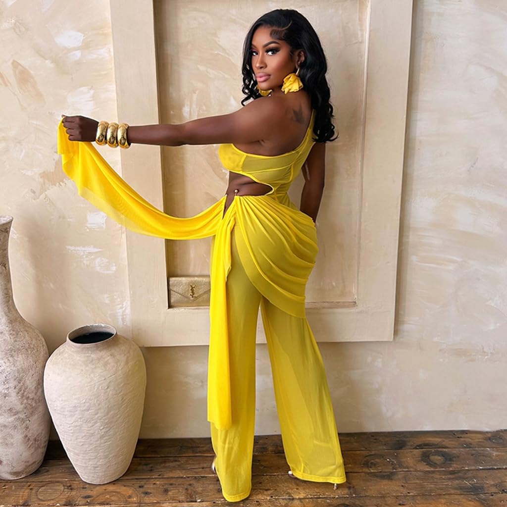 Sexy Jumpsuits for Women Cutout Sheer Mesh One Shoulder Draped Ruched Wrap One Piece Club Outfits for Women