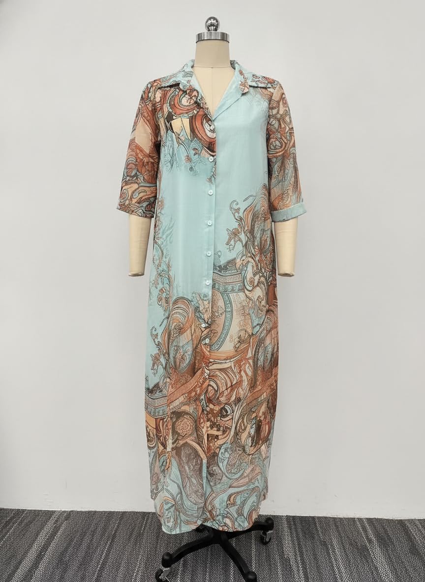Women's Baroque Print Maxi Shirt Dress V Neck 3/4 Sleeve Button Down Flowy Casual Loose Boho Long Dress