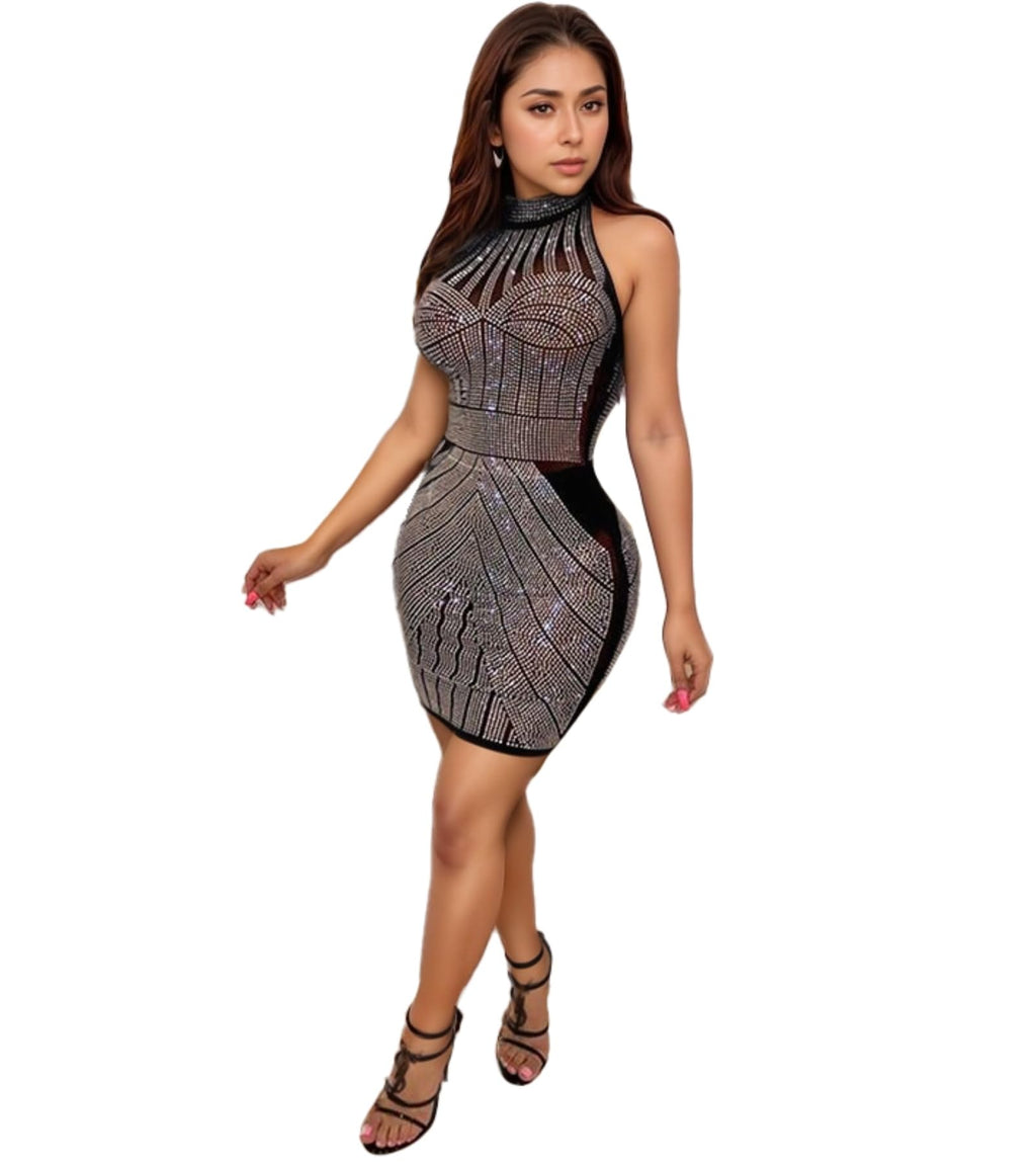 Nagfar Women's Sexy Elegant Rhinestone Mesh Glitter Party Night Out Dress