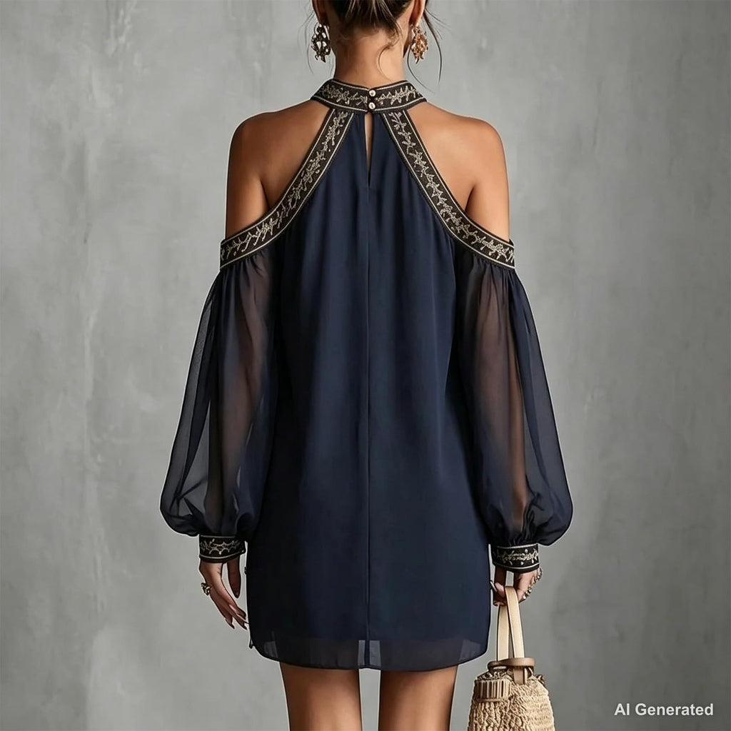 Women's Vintage Boho Chiffon Dress Navy Blue Baroque Print High Neck Irregular Lantern Sleeve Dress Casual Party Vacation