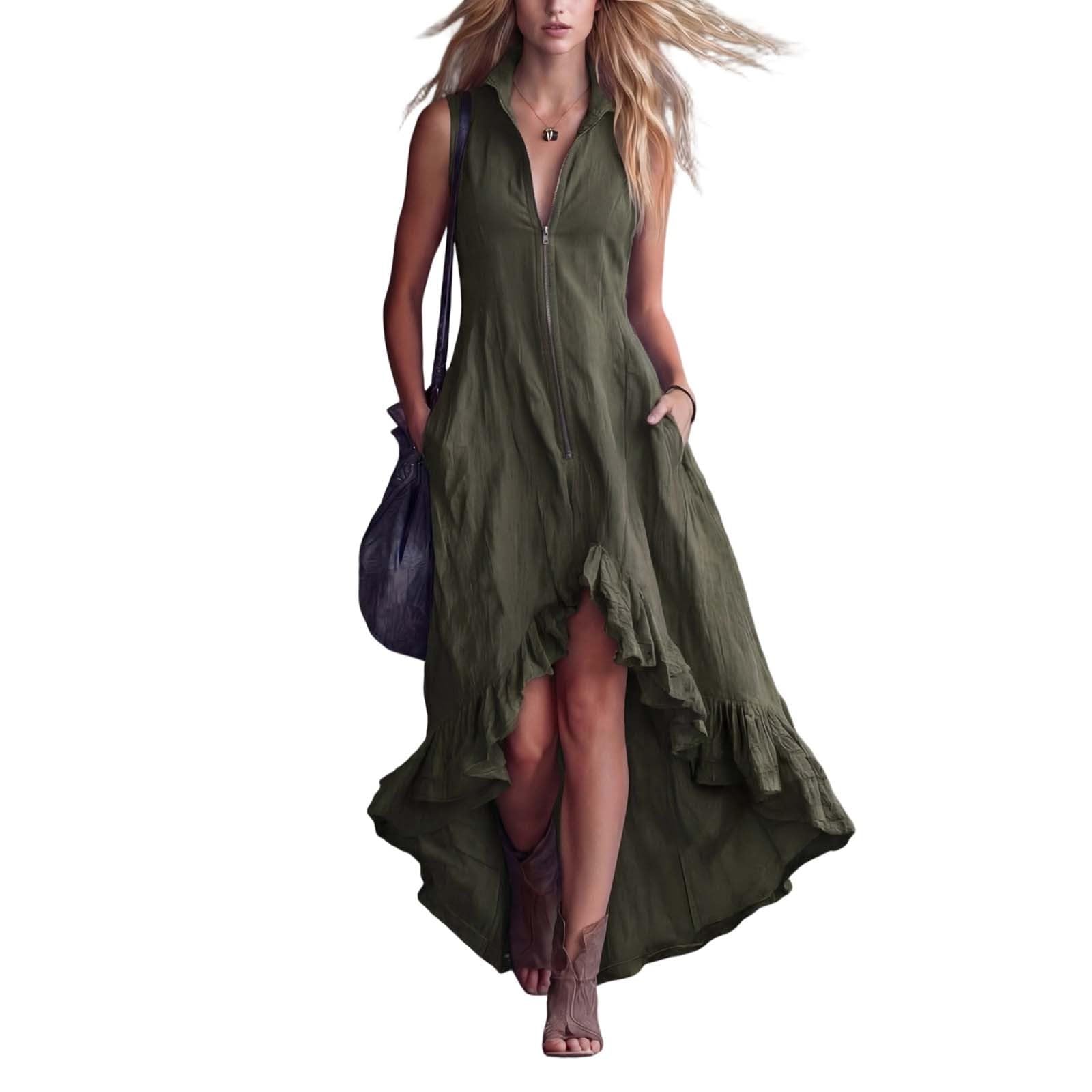 YMADREIG Boho Dresses for Women 2026 Cotton Linen Western Maxi Dress Summer Sleeveless High Low Ruffle Hem Dress with Pocket
