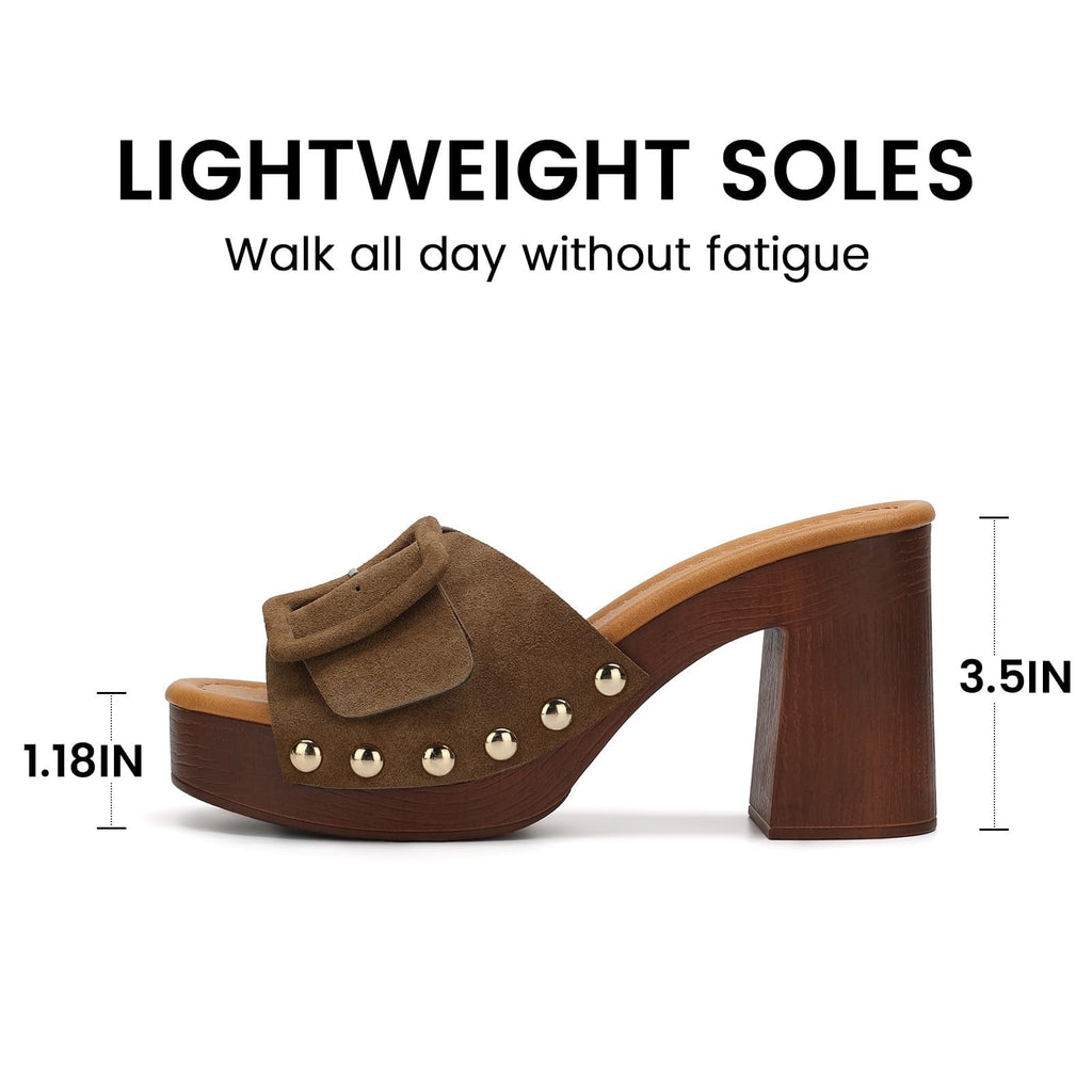 VICKI·VICKI Women's Platform Mules Suede Buckle Sandals, Sexy Open Toe High Chunky Block Heel Clogs, Retro Studded Summer Dress Slides